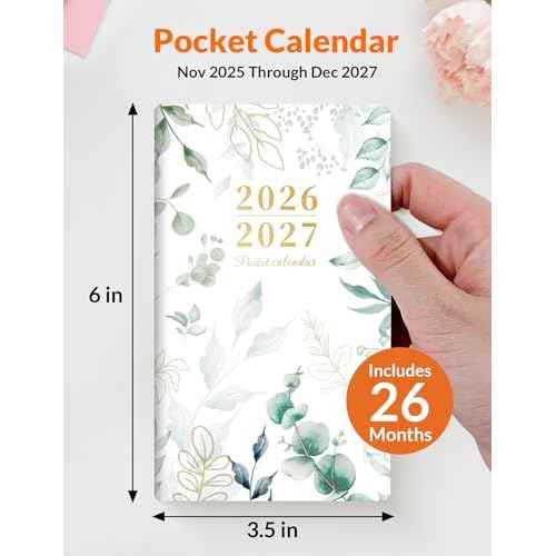 SUNEE Pocket Calendar 2026-2027 - Two Year Monthly Planner Small Calendar 3.5" x 6" Organizer for Daily & Yearly Schedule - Compact Agenda Notebook for School, Work, Women, Greenery