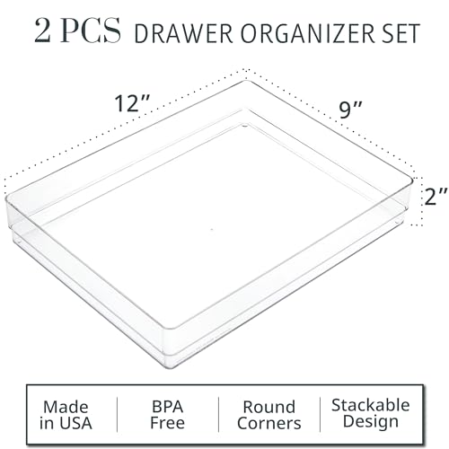 STORi SimpleSort 2-Piece Clear Drawer Organizer Set 12x9x2 Inch for Makeup & Office