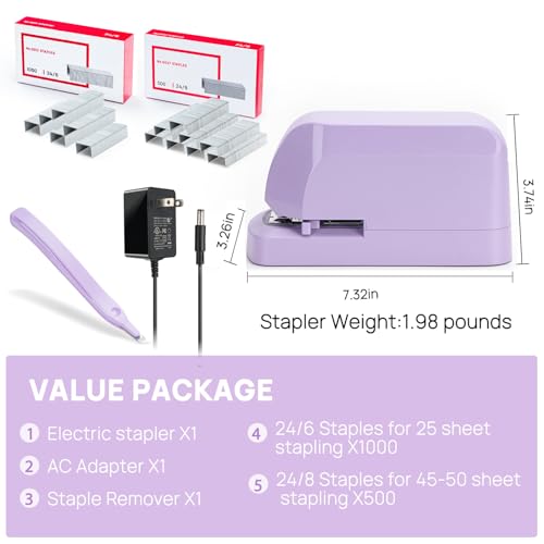 SYLCXX Electric Stapler for Desk – 45-Sheet Capacity, Purple Value Pack (Includes Staples & Remover) with AC Adapter