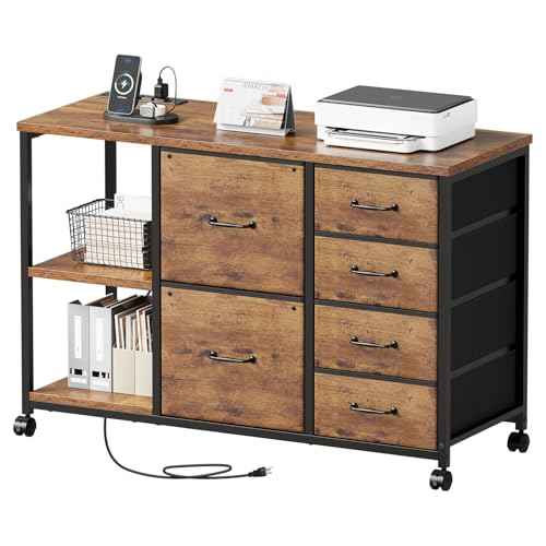 6 Drawer File Cabinet with Charging Station Rolling Printer Stand with Open Storage Shelf Fabric Lateral Filing Cabinet for Home Office,Rustic Brown2
