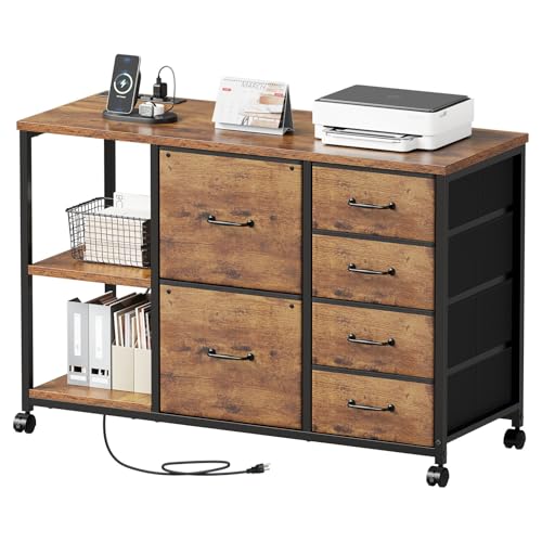Maihail Rustic Brown 6-Drawer File Cabinet with Charging Station and Open Shelf