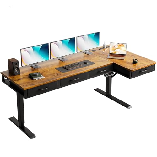 OffiGo 63 Inch Rustic Brown L-Shaped Electric Standing Desk with 4 Drawers