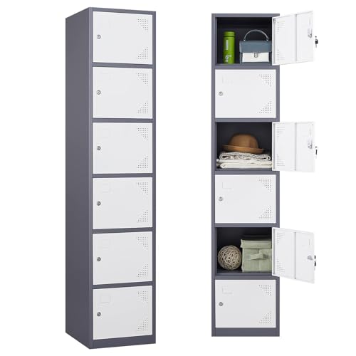 Letaya 71" 6-Door Metal Locker Cabinet Gray White for Office, Home, Gym | Lockable Storage