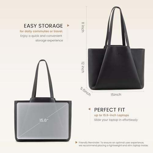 LOVEVOOK Laptop Tote for Women - 15.6 Inch Faux Leather Laptop Bag with Clutch, Large Capacity Office Purse Computer Briefcase for Casual Business Travel, Black