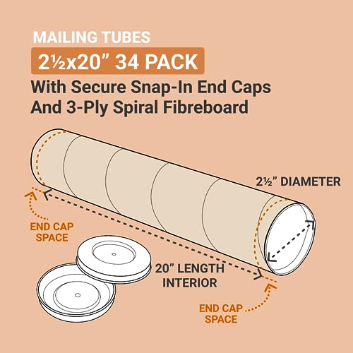 Kraft Cardboard Mailing Tubes with Caps - 20" x 2.5" - Pack of 34