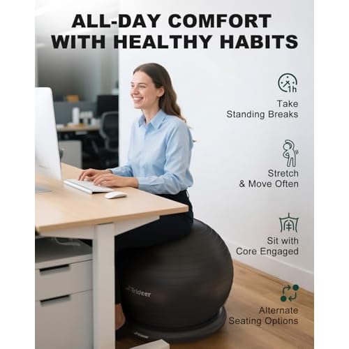 Trideer Exercise Ball for Office Desk, Yoga Ball Chair to Relieve Back Pain, Stability & Fitness Ball Seat with Base, Home Gym Core Workout, Abs, Stretching & Therapy