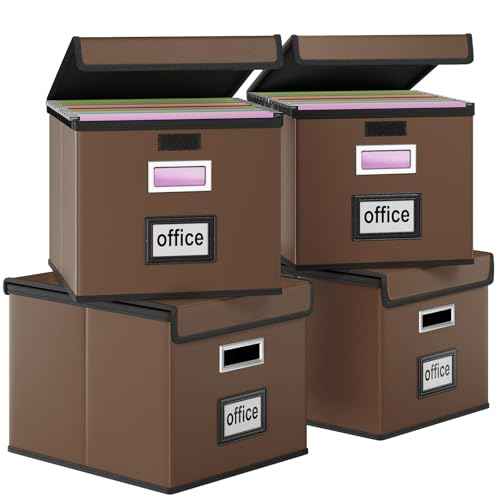Huolewa File Organizer Box with Lid, Collapsible Leather File Folder Organizer for Office Document Storage, Filing Box with Plastic Slide for Letter/Legal Size Hanging Files, Dark Brown, 4 pack