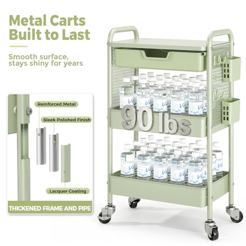 KINGBOARD 3 Tier Metal Rolling Cart with Drawer (Green) – Utility Storage Cart