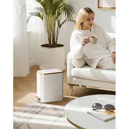 Cesun Small Bathroom Trash Can with Lid Soft Close, 5 Liter/1.3 Gallon Stainless Steel Garbage Can with Removable Inner Bucket, Step Pedal, Slim Waste Basket for Toilet, Office, Bedroom (White&Gold)