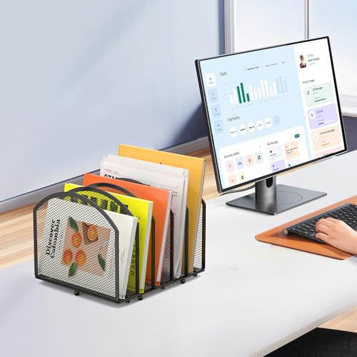 MINDEPOT 5-Section Metal Mesh Desk File Organizer, Vertical Mail Sorter, Black - 1 Pack