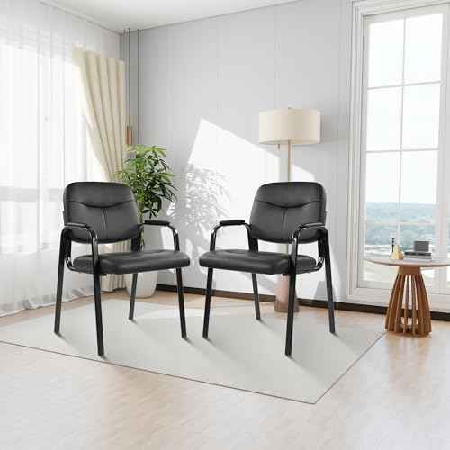 Elevon Waiting Room Chairs No Wheels Set of 4, Leather Stationary Office Reception Guest Chair with Padded Arms for Elderly Desk Conference Room Lobby Table Side Salon