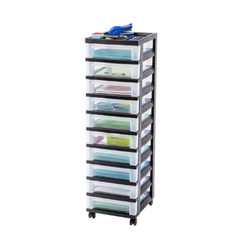 IRIS USA MC-3100-TOP 10-Drawer Storage Cart with Organizer Top, Black/Clear