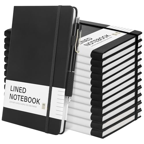 Aodaer 12 Set Lined Notebook Journals with Pens A5 Notebooks 100 GSM College Ruled Hardcover Notebook PU Leather Notepad with Pen Holder for Office School, 5.7 x 8.3 Inches, Black