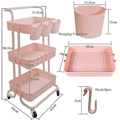 Ceeyali 3-Tier Rolling Utility Cart Storage Organizer Shelf Cart with Lockable Wheels and 3PCS Cups and 8PCS Hooks for Home Kitchen,Bathroom,Office,Laundry Room etc. (3 Cup 8 Hook Pink)