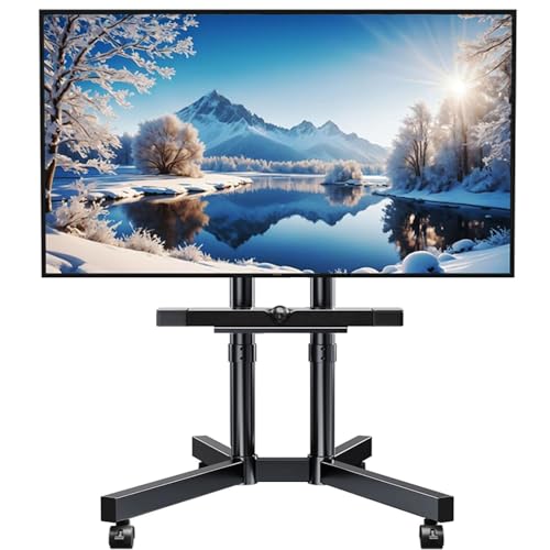 Rolling TV Stand with Laptop Shelf, Mobile TV Stand with Upgraded Wheels for 32-75 Inch TV, Height Adjustable Mobile TV Cart up to 110lbs, for Outdoor, Home, Office (with Shelf)