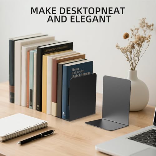 Black Frosted Metal Book Ends - 2 Pieces Heavy Duty Shelving Bookends for Books & Decor