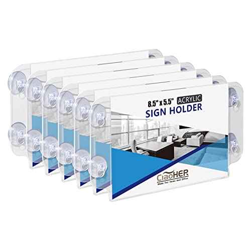 CiaoHER Acrylic Sign Holder 8.5 x 5.5, Clear Acrylic Frames Glass Window Wall Mount Advertising Signage Sign Holder with 4 Suction Cups for Mall, Office, Home, Restaurant, Landscape £¨6 Pack£©