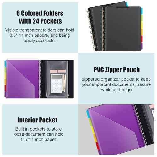 Yeaqee 8 Pack 24 Pocket Project Organizer Spiral Multi Pocket Folders Binder Organizer with Dividers Writable Tabs Zipper Pouch, Letter Size Plastic Folders for School Office