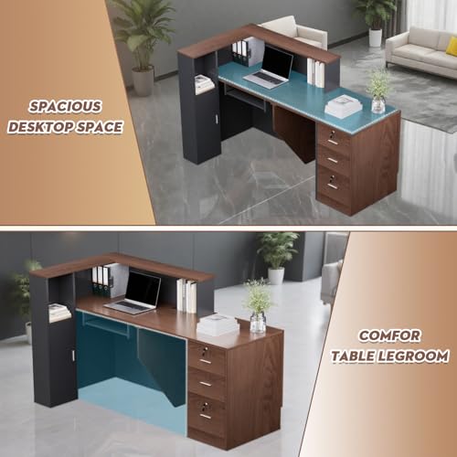 Drexo L-Shaped Wooden Reception Desk - Brown & Black, 71"L x 42"W x 41"H, Left