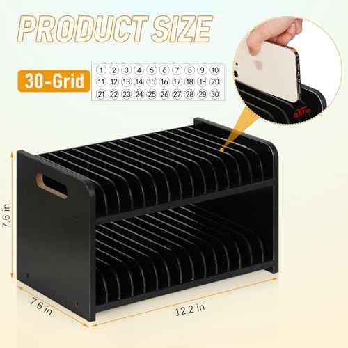 Cell Phone Storage Classroom Cell Phone Holder Adjustable Wooden Multiple Rack Caddy Organizer Box for Classroom Office Desktop with 1-30 Number Stickers (30-Grid) (Black)