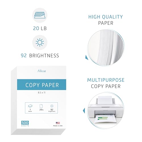 Printer Paper - 8.5 x 11 White Letter Size Copy Paper, 1 Ream 500 Sheets 20 lb Printing Paper for Documents Writing, Drawing, Smooth, 92 Bright | Home, School, Office Supplies | Made in USA