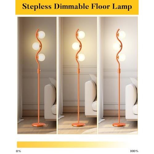 Lightdot 3-Globe Dimmable Floor Lamp Orange Mid Century Modern Standing Lamp with 3PCS 3000K G9 Bulbs Stepless Brightness Adjustable Stable Base for Living Room, Bedroom, Office