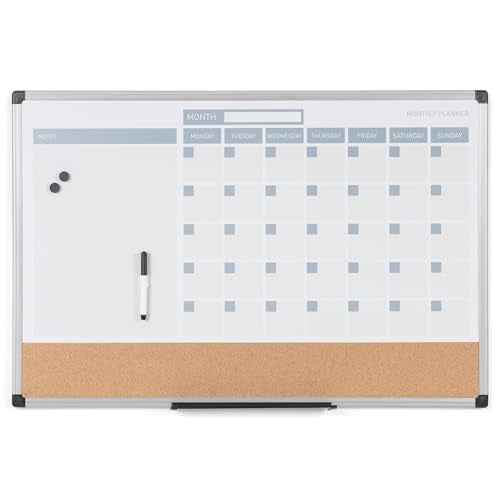 MasterVision Magnetic Dry Erase Monthly Calendar Planner Push Pin Corkboard Combo with Marker Tray, 24" x 36", Gray Plastic Frame, White, MB0707186P
