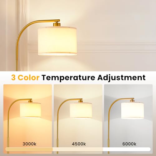 KQW Gold Tall Floor Lamp with Fabric Shade & 9W LED Bulb - Modern Standing Light for Living Room & Bedroom - 3 Color Temperature Options