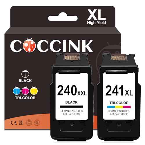 COCCINK 240XXL 241XL for Canon MG3620 Ink Cartridges Pixma MG3600 MG3520 MG2120 MX432 MX452 MX472 TS5120 Printer Remanufactured for Cannon PG-240 CL-241 240 XL 241 XL Combo Pack (1 Black 1 Color)