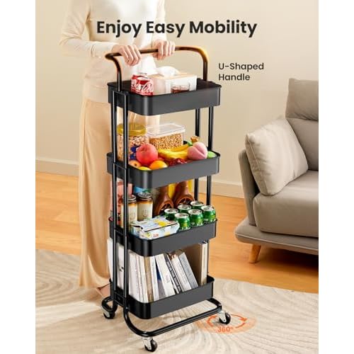 Pipishell 4 Tier Mesh Utility Cart, Rolling Metal Organization Cart with Handle and Lockable Wheels, Multifunctional Storage Shelves for Kitchen Living Room Office White, PIUC12W