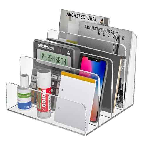 Acrylic File Holder 4 Compartment, Clear Desk File Organizer, Acrylic Organizer for Books, Phone, Ipad, Envelope, Notebook, Calculator