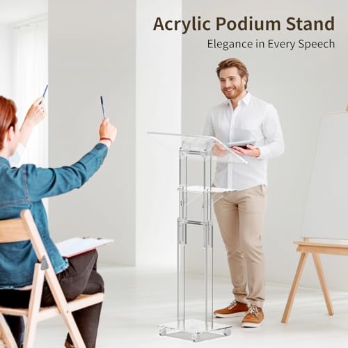 Joyoolife Adjustable Acrylic Podium Stand with Wheels, Tilt Top & Shelf (37.8-47.2 in)
