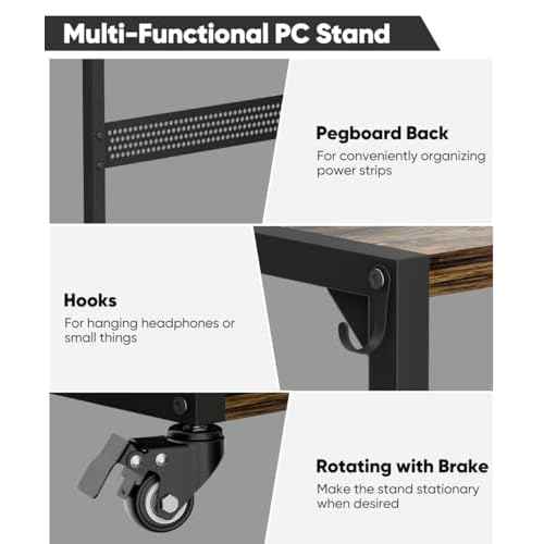 Computer Tower Stand, 2-Tier Metal CPU Holder Stand with Lockable Wheels, Adjustable Under Desk PC Shelf, Mobile Rolling Computer Cart for Home, Office, Gamers and Students, Black