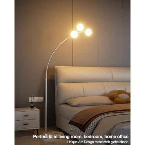 Lightdot Modern Globe Floor Lamp for Living Room, Contemporary White Arc Floor Lamp with 3 Shatterproof Shade, Bulbs Included, 3000K Warmwhite Tall Lamp for Reading