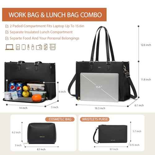 Keyli 3pcs Laptop Bag for Women 15.6 inch and Lunch Tote Bag for Women with Insulated Lunch Compartment Computer Briefcase