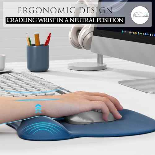MROCO Ergonomic Mouse Pad with Gel Wrist Rest, Comfortable Mousepad with Smooth Wrist Support Surface and Non-Slip PU Base for Pain Relief, Computer, Laptop, Office & Home, 9.4 x 8.1 in, Navy Blue