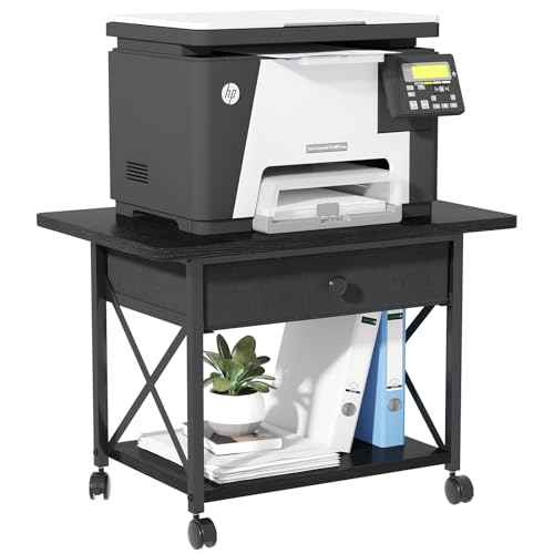 EasyCom 23.6" x 15.7" Extended Desktop Printer Stand with Storage Drawer, 2-Tier Under Desk Shelf Rolling Printer Cart with Wheels, Large Table for Home Office Fits 3D Printer Scanner Black