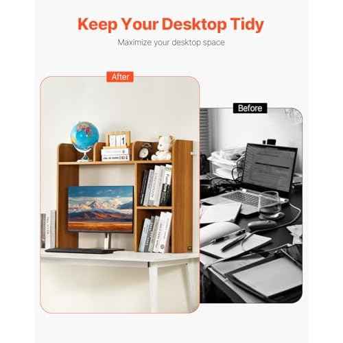 VEVOR Wood Desk Shelf, Desktop Bookshelf, Desk Storage Hutch with 6 Shelves, Office Countertop Organizer 3-Tier Display Rack, with Anti-Slip Feet Pads, for Office, Home & Dorm, Natural