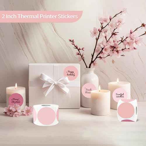 2 inch Round Thermal Label,Pink Circle Thermal Sticker Labels for Business and Home,Direct Thermal Printer Label for DIY Logo Design,Thanks Card,500 Labels/1 Roll