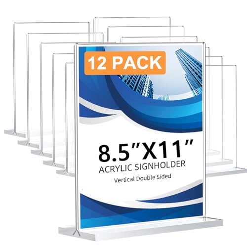 Vertical 12 Pack Acrylic Sign Holders 8.5 x 11 Double-Sided Clear Plastic Stands