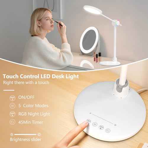 LED Desk Lamp, Eye-Care Desk Light with RGB Night Light, 5 Color Modes Dimmable Table Lamp, 800LM Foldable Touch Control Reading Light for Home Office, Study Room, Bedroom,