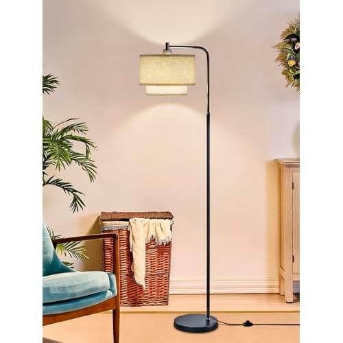 64" Modern Floor Lamp for Living Room Bedroom, Arc Floor Lamp with 3 Color Temperatures, Standing Lamp with Double Oatmeal Linen Lampshade, Tall Lamp with A19 12W LED Bulb, Foot Switch Control, Black