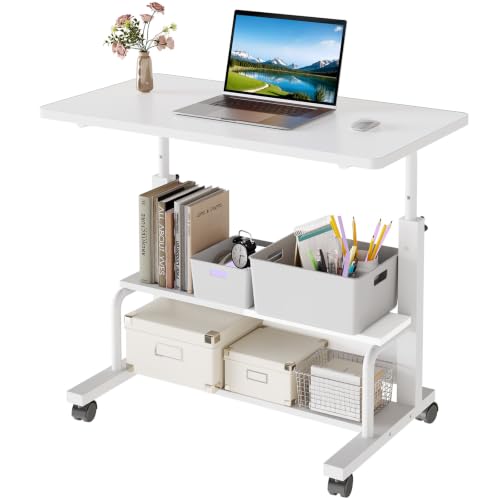 OLIXIS White 32in Rolling Adjustable Desk with Storage Shelves - Home Office