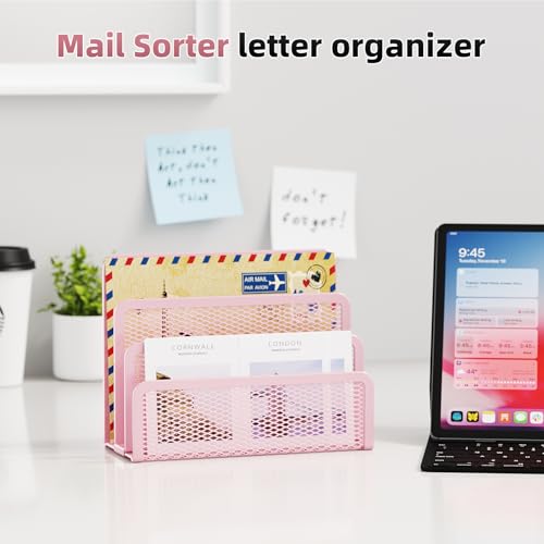 Pink Desk Mail Organizer with 3 Mesh Slots - Office Letter & Document Holder