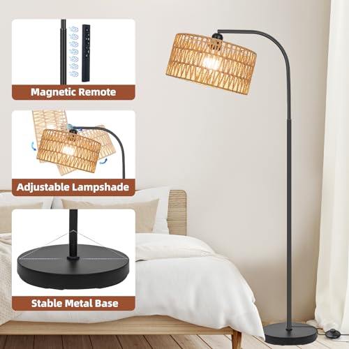 Rattan Floor Lamps for Living Room, Boho Standing Lamps with Rattan& Linen Double Shades, Arc Lamps Floor Standing with 9W Bulb, Foot Switch, Bohemian Floor Lamps for Bedroom, Office