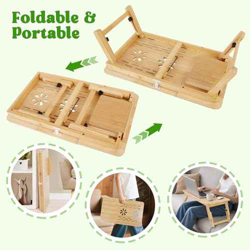 Bamboo Laptop Desk, Adjustable Foldable Bed Tray Table for Bed, Sofa, and Floor, Portable Lap Desk with Tilting Top & Drawer for Writing, Reading, Breakfast, Drawing, and Working