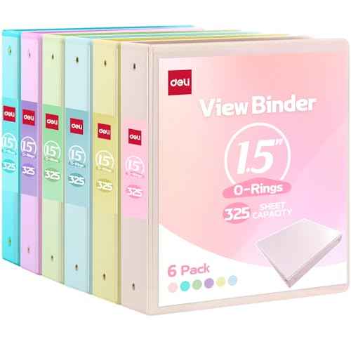 Deli 1.5-inch 3 Ring Binder with 2 Interior Pockets, 325 Sheets Capacity, 1.5 inch Binders fits 11" x 8.5" US Letter Size, Assorted 6 Pastel Colors, 6 Pack