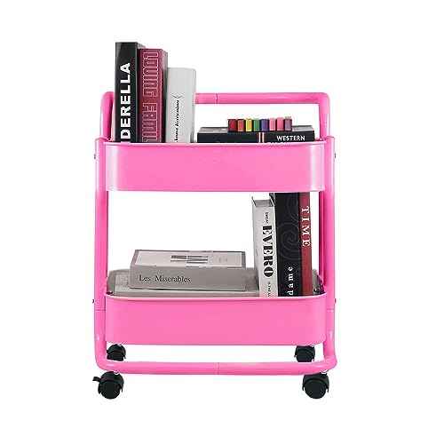Melody House 2-Tier Metal Mesh Rolling Cart Storage Organizer with Utility Handle and Wheels, Multi-Functional Storage Trolley for Office Living Room Kitchen, Pink