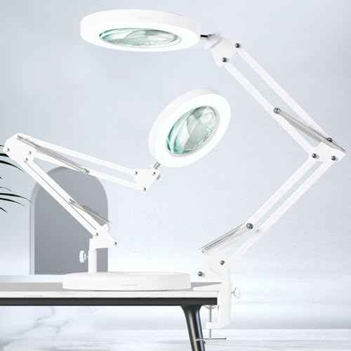 HITTI 10X Magnifying Glass with Light, 1,800 Lumens Stepless Dimmable, 3 Color Modes, 4.2¡È Real Glass Lens LED Magnifying Desk Lamp & Clamp, Magnifier Light and Stand for Crafts Close Work-White