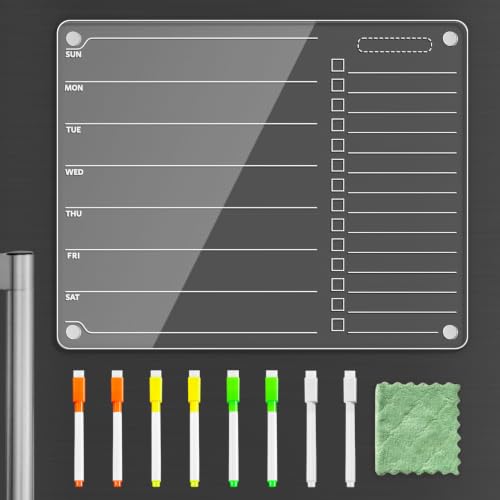 PigPotParty Magnetic Acrylic To Do List & Weekly Fridge Whiteboard - Week & Todo, 12x9.5 in